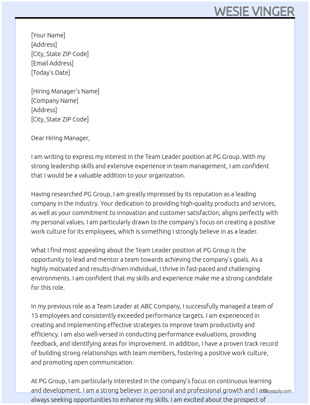 Team Leader At PG Group Cover Letter