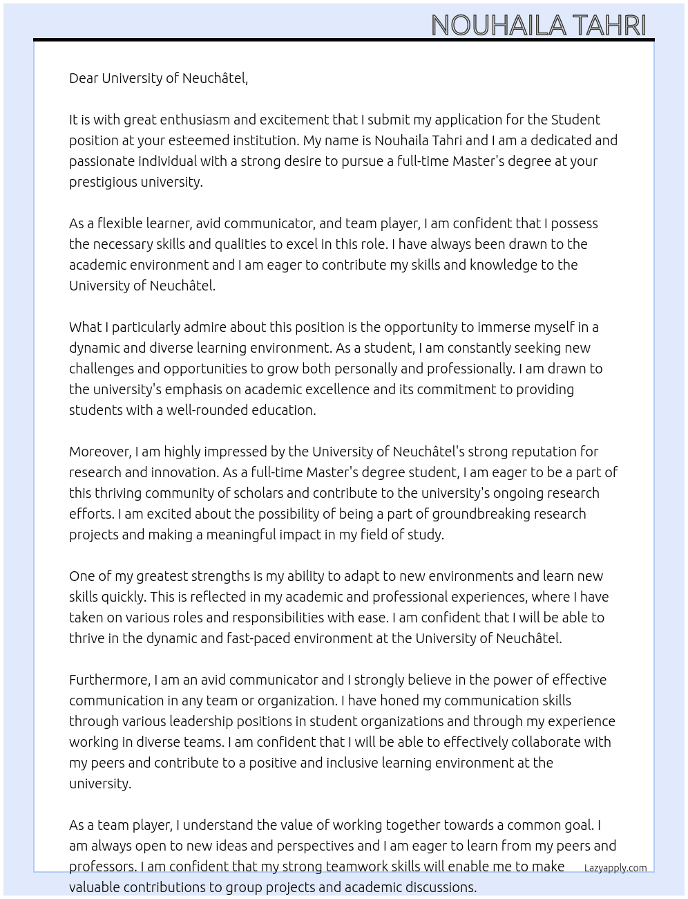 Student application  At University of neuchâtel  Cover Letter