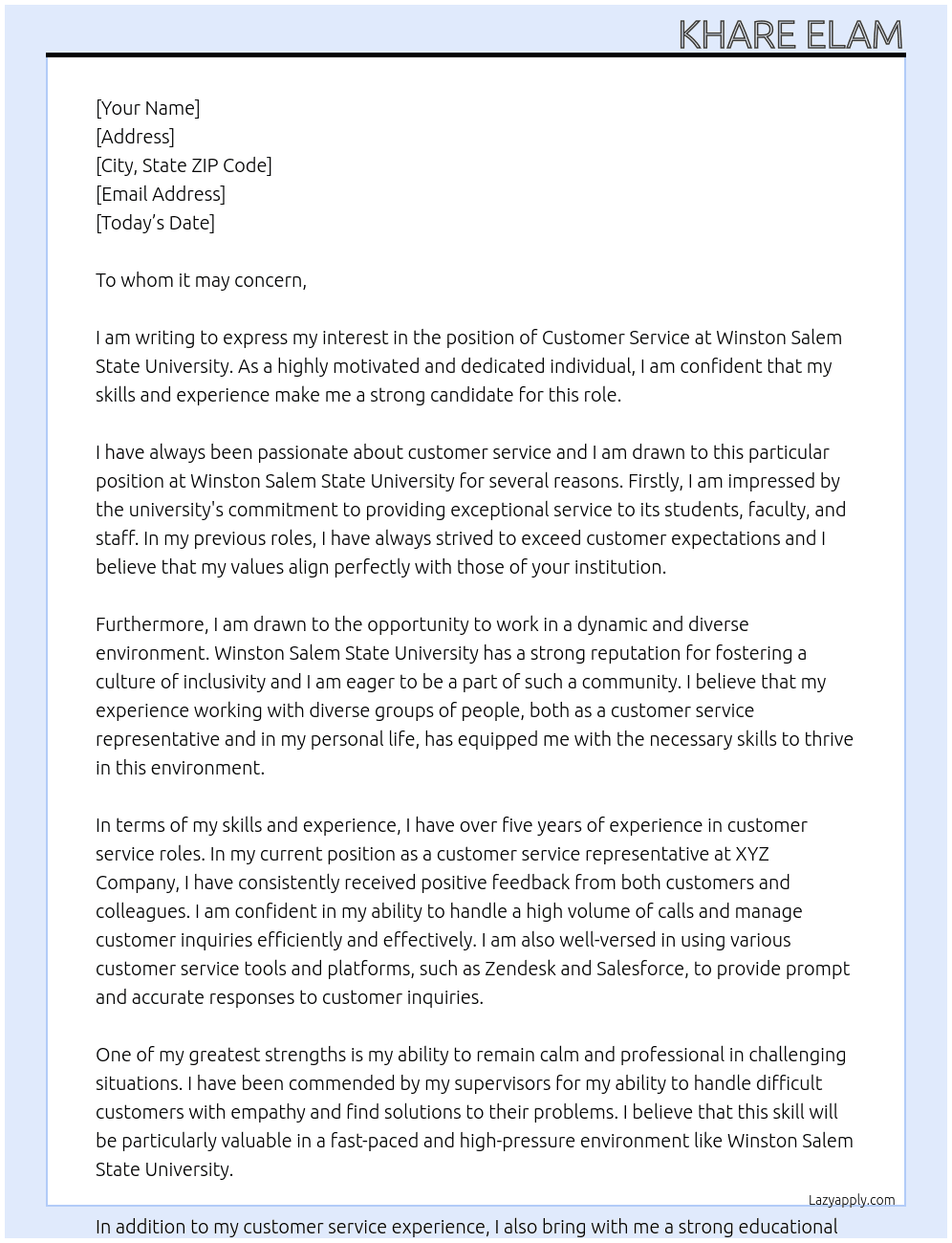 Customer service  At Winston Salem State university  Cover Letter