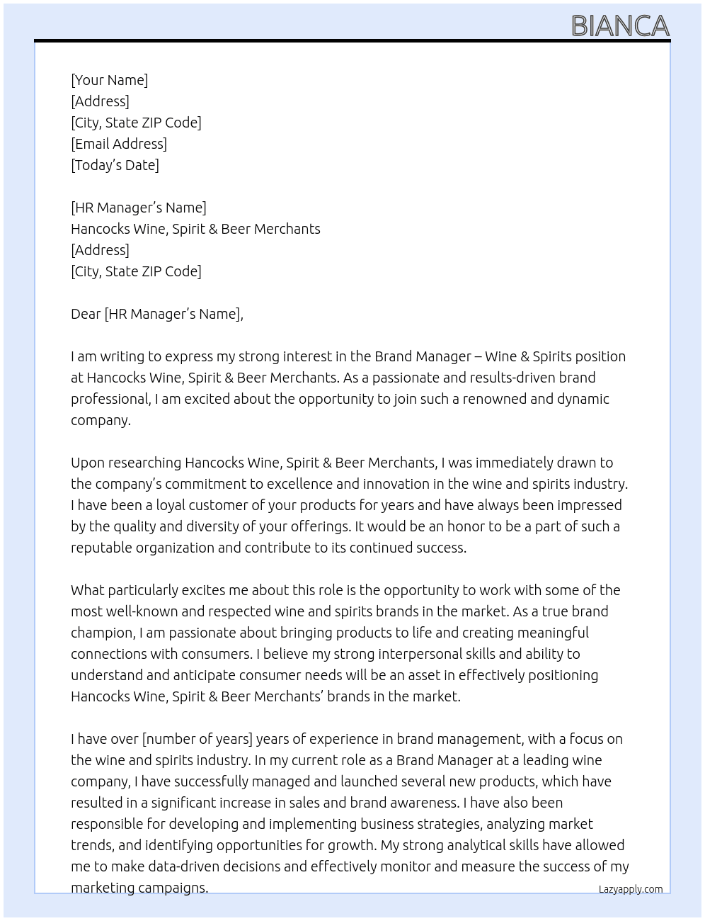 Brand Manager - Wine & Spirits At Hancocks Wine, Spirit & Beer Merchants  Cover Letter