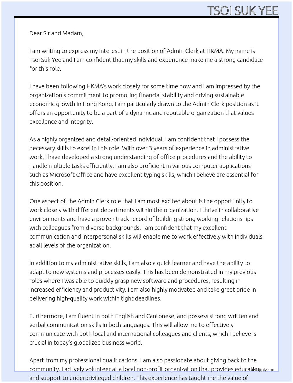 Admin Clerk At HKMA Cover Letter
