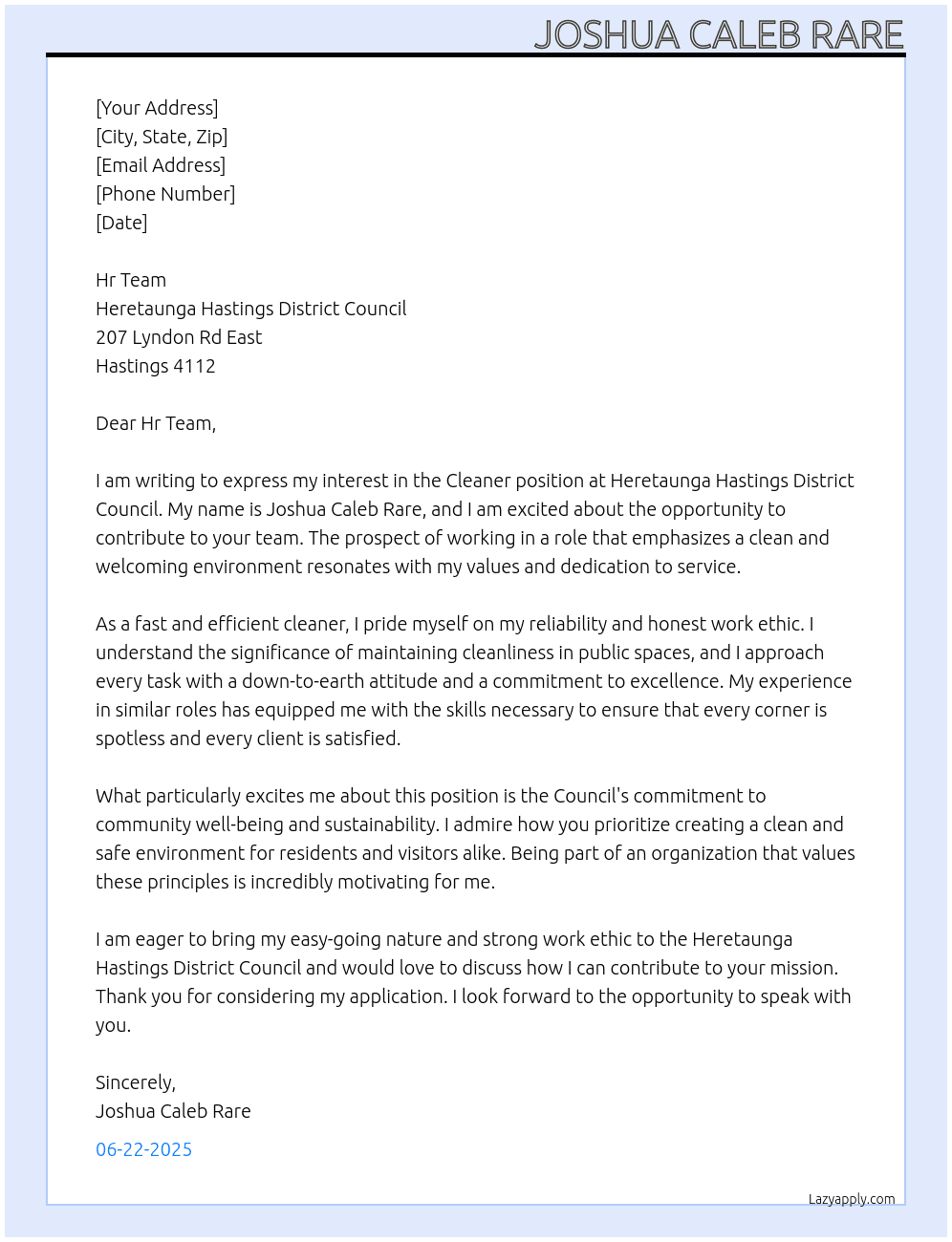 Cleaner At Heretaunga Hastings District Council  Cover Letter