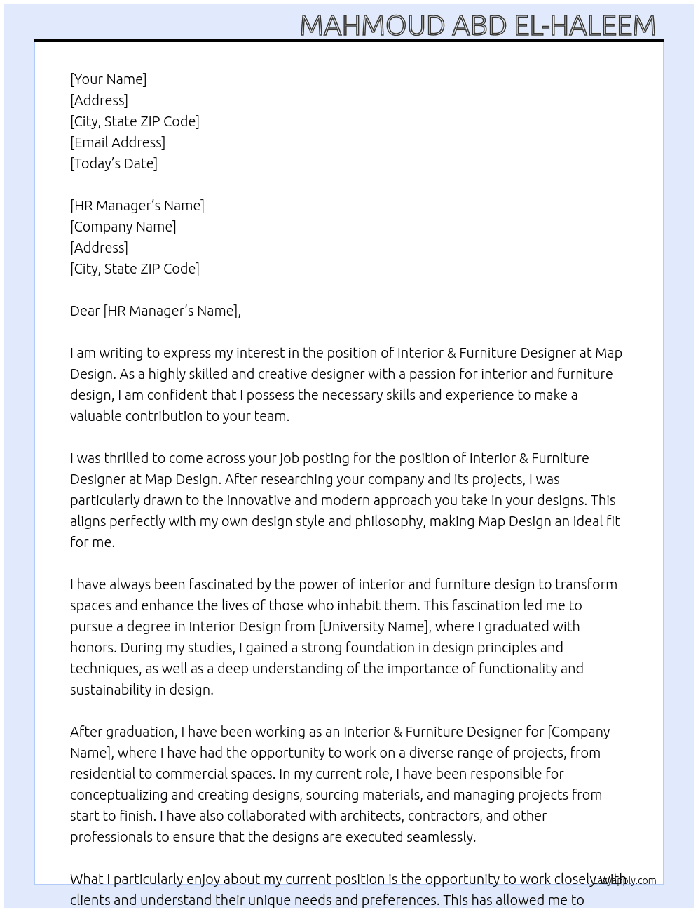 Interior & furniture designer  At Map design  Cover Letter