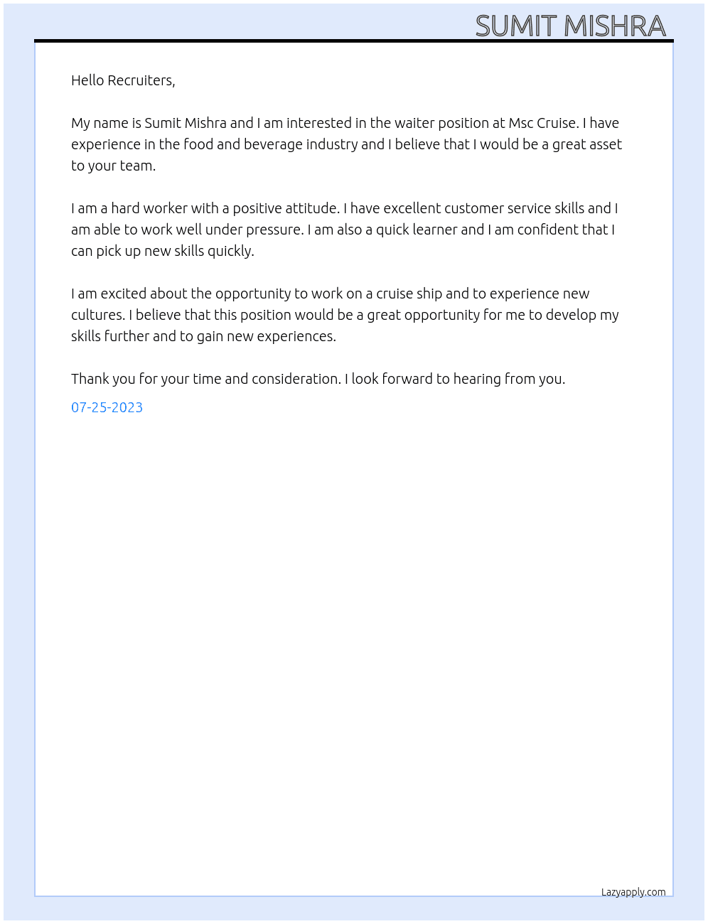 Waiter  At Msc Cruise  Cover Letter