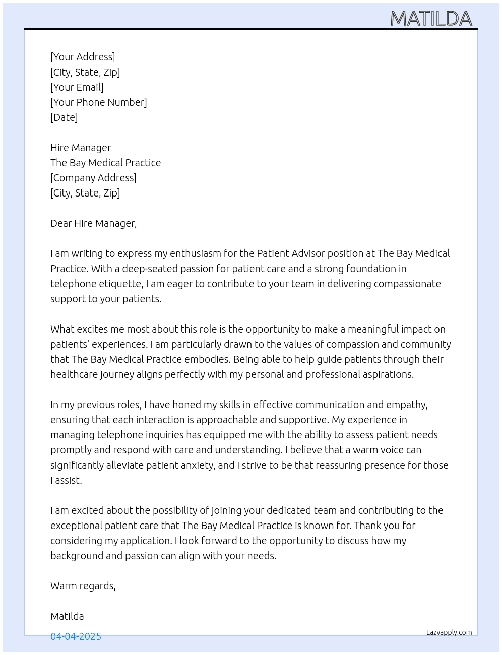 Patient Advisor  At The bay Medical practice  Cover Letter