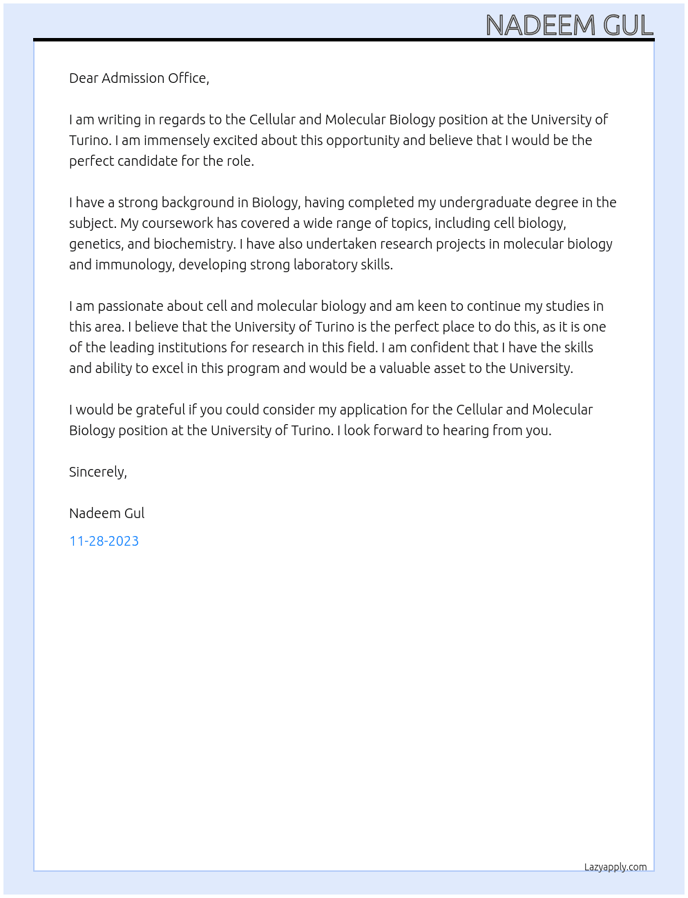 Cellular and Molecular Biology At University of Turino Cover Letter