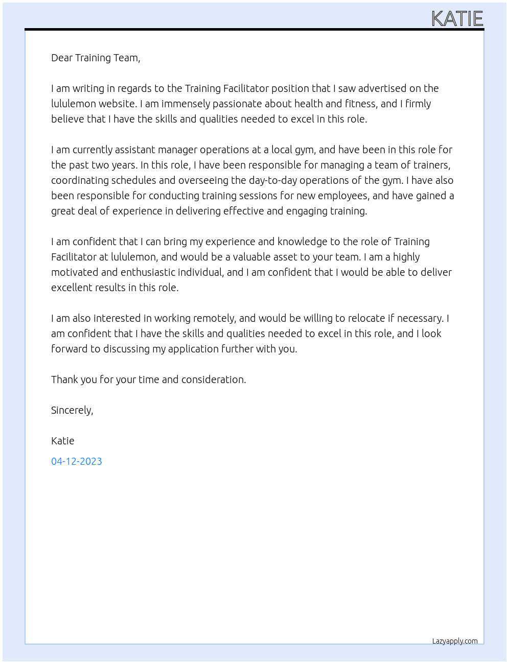 Training Facilitator At lululemon Cover Letter