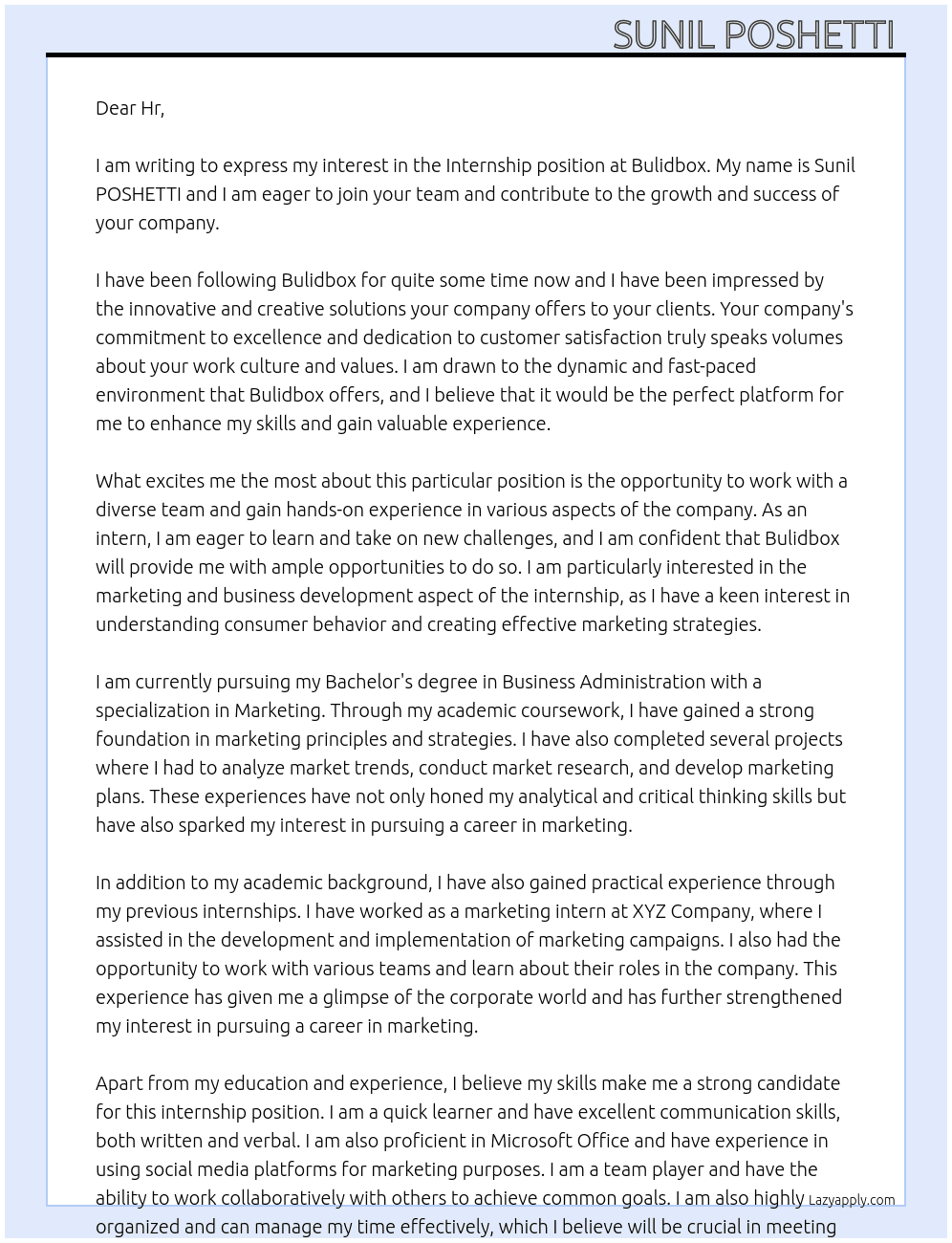 Internship At Bulidbox Cover Letter