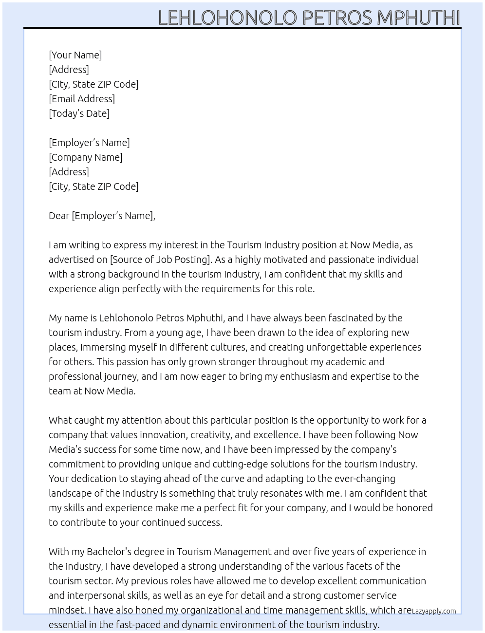 Tourism Industry At Now Media  Cover Letter