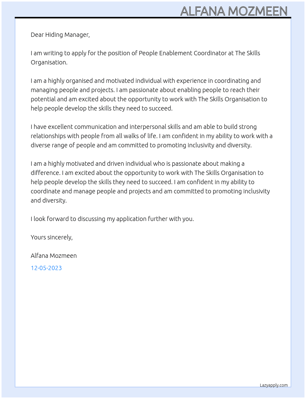People Enablement Coordinator At The Skills Organisation  Cover Letter