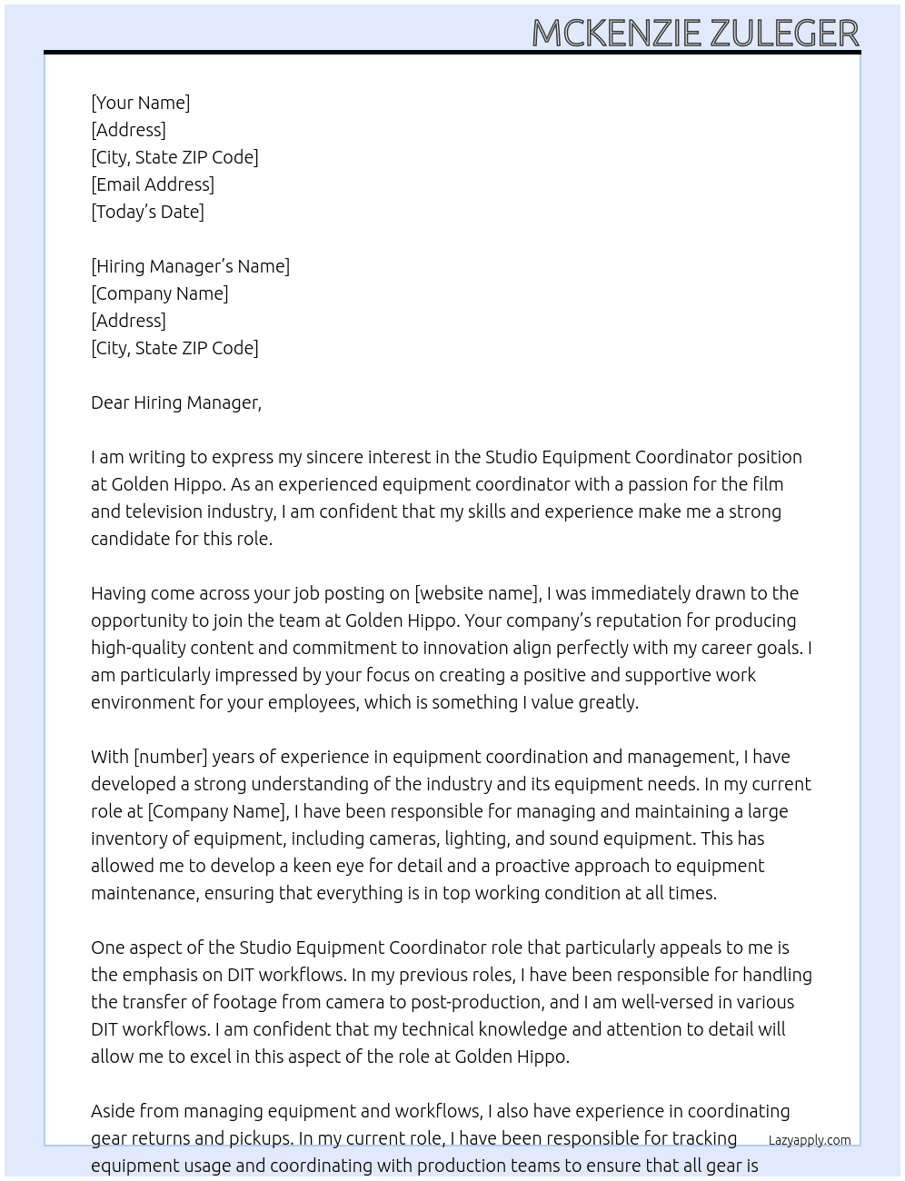 Cover letter for studio equipment coordinator - LazyApply