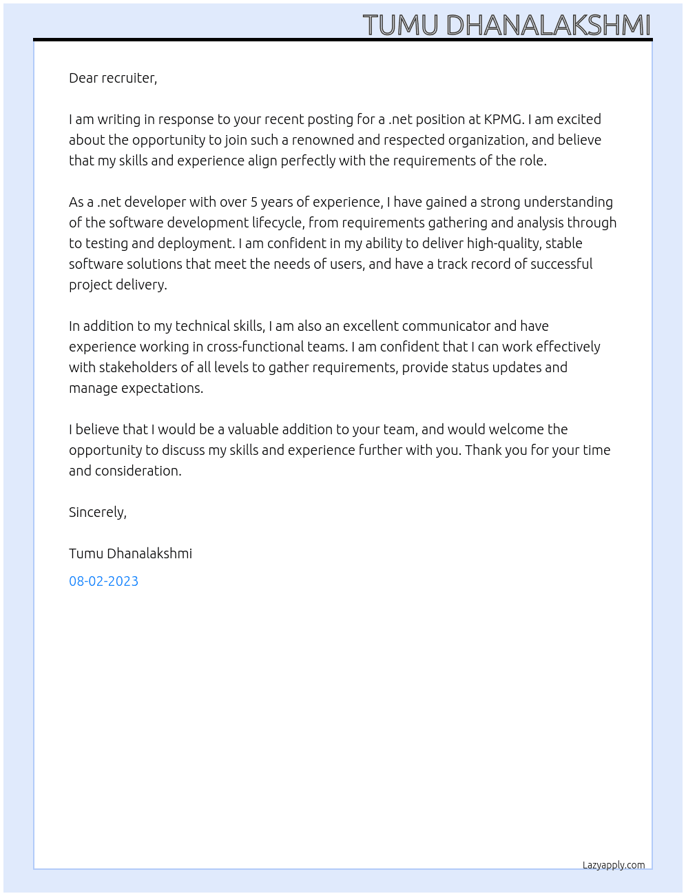 .net At KPMG Cover Letter
