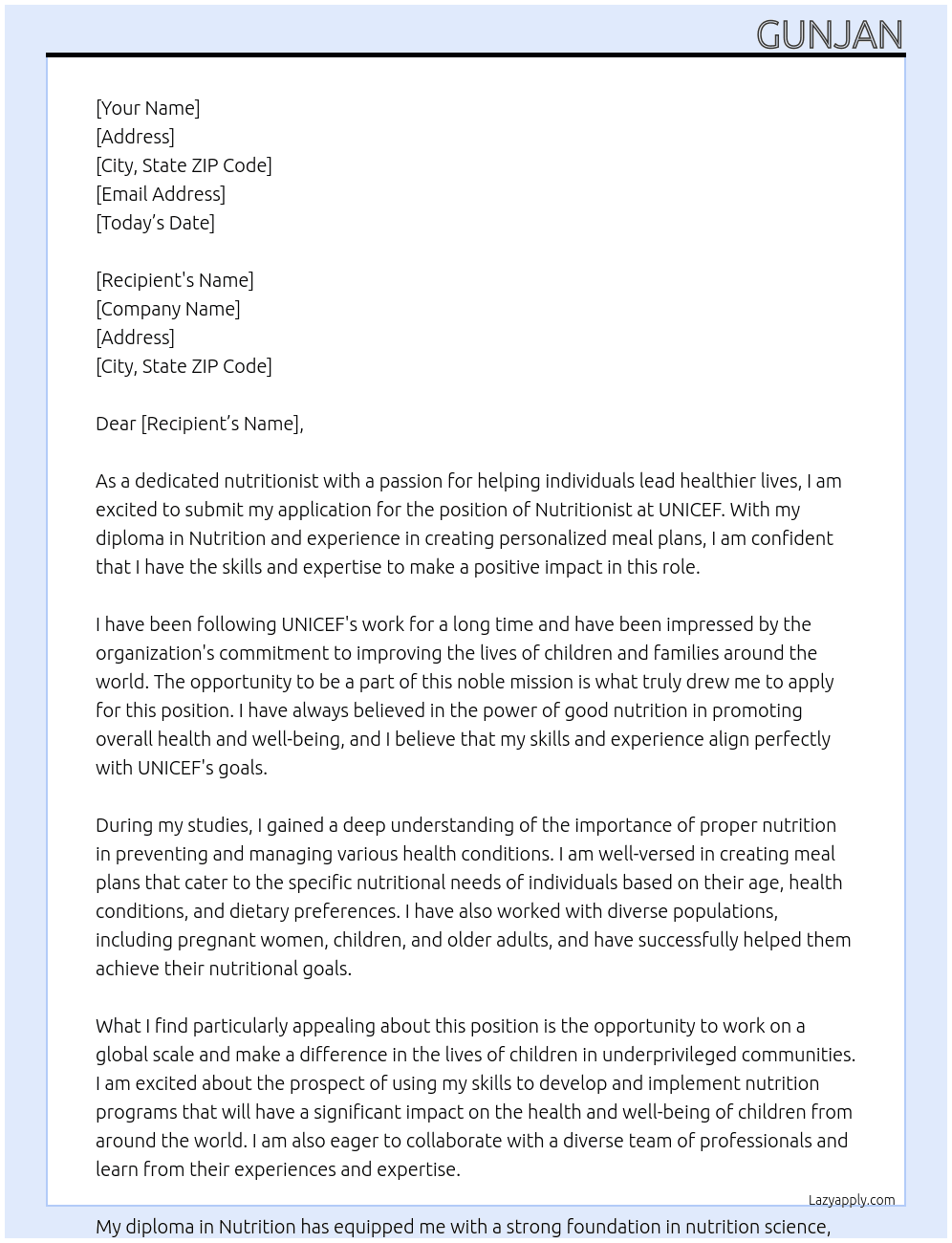 nutritionist At unicef Cover Letter