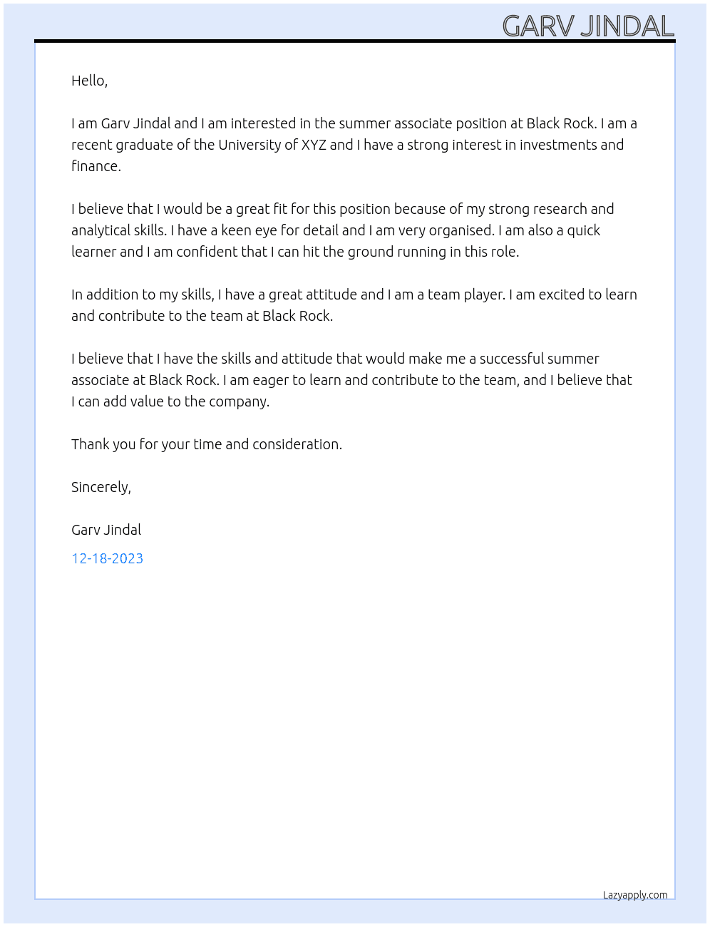 Summer Associate At Black Rock Cover Letter