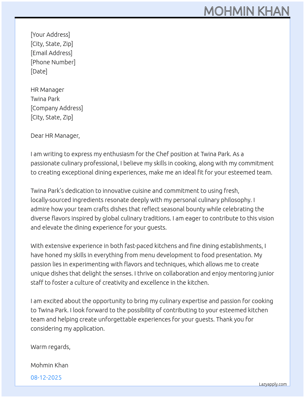 Chef At Twina park Cover Letter