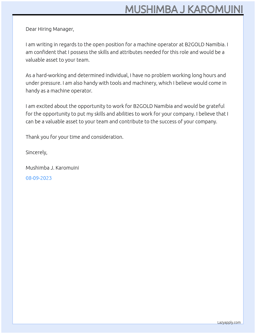 Machine Operator At B2GOLD NAMIBIA  Cover Letter