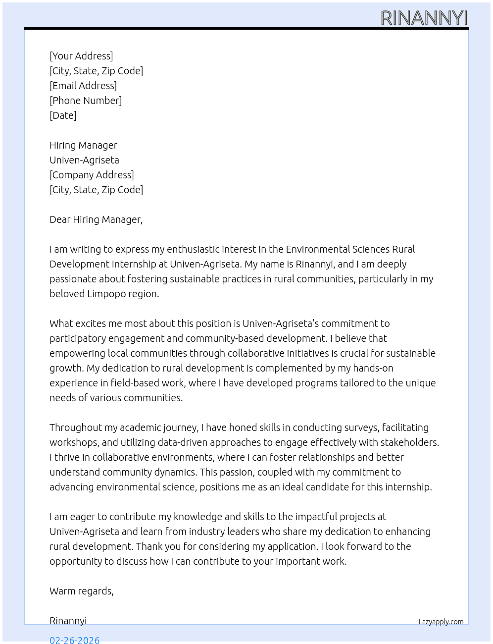 Cover letter for environmental sciences rural development internship - LazyApply