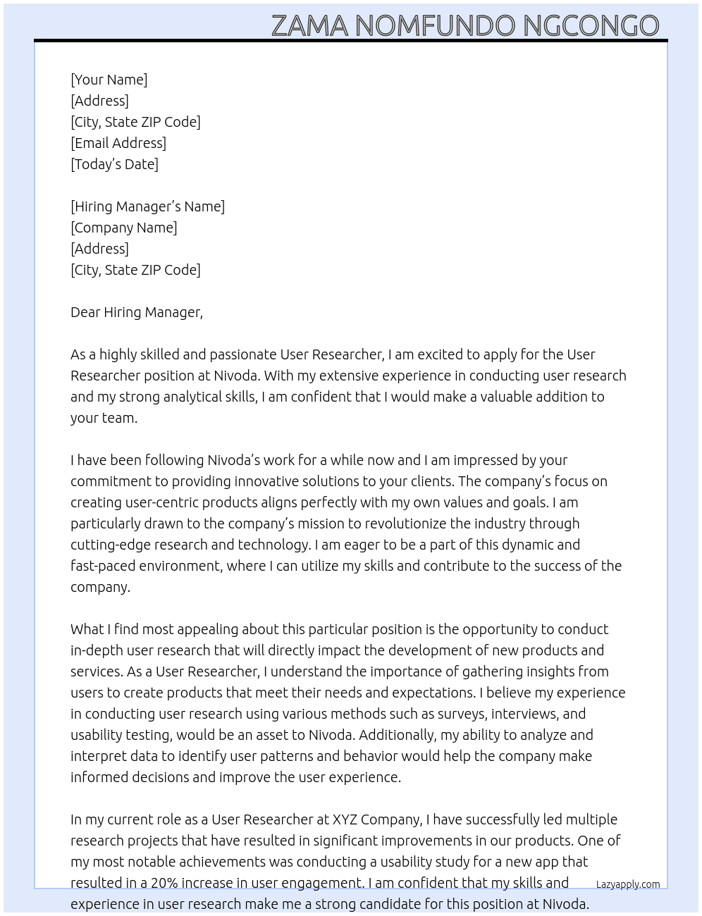 User researcher  At Nivoda  Cover Letter