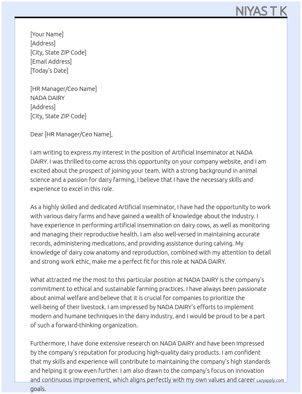 Artificial inseminator At NADA DAIRY  Cover Letter