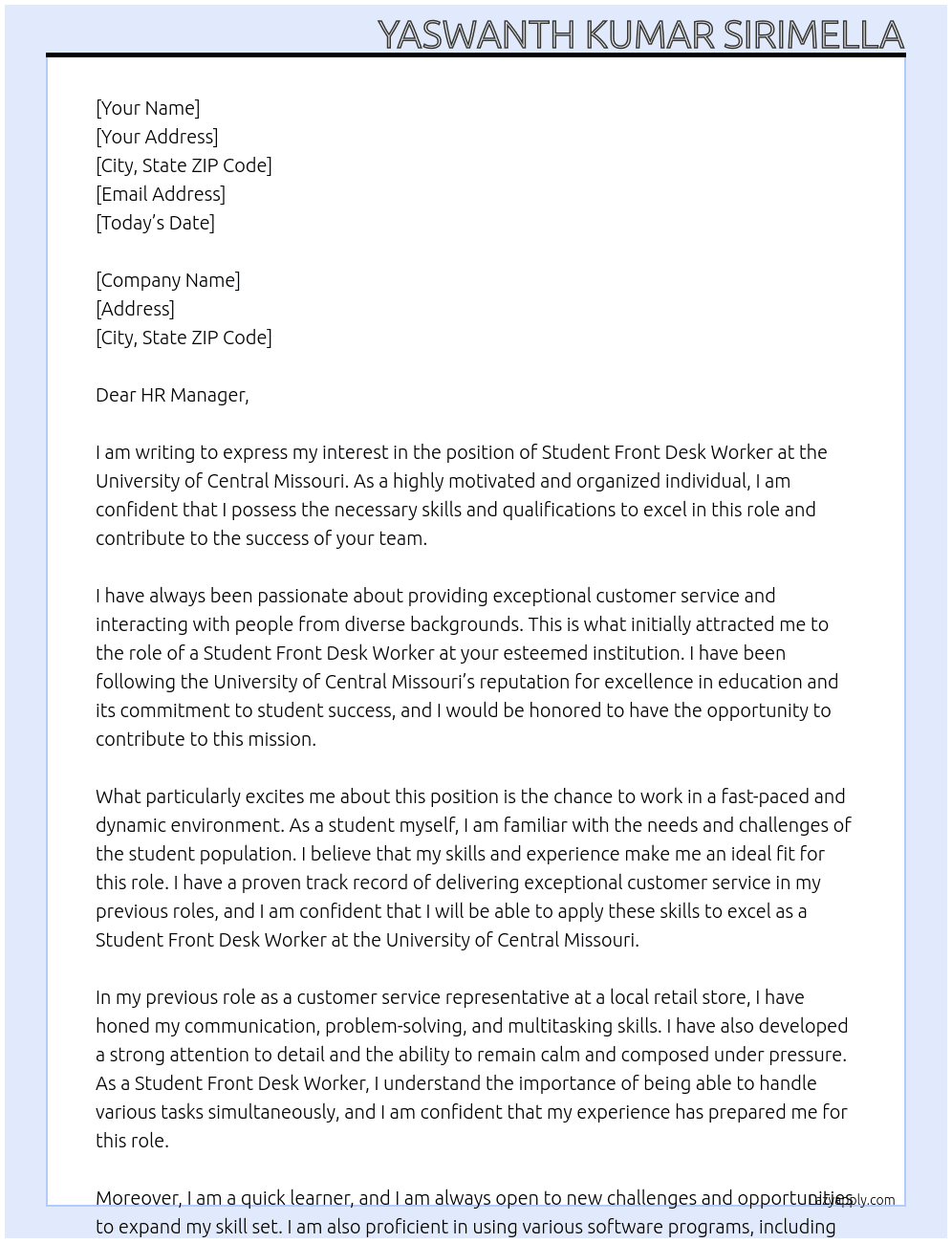 Cover letter for student front desk worker - LazyApply