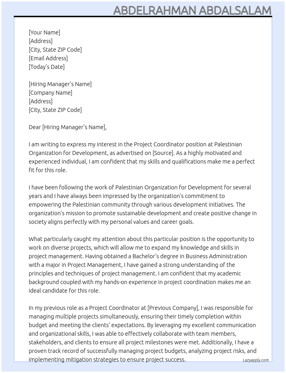 Project Coordinator At Palestinian Organization for Development Cover Letter