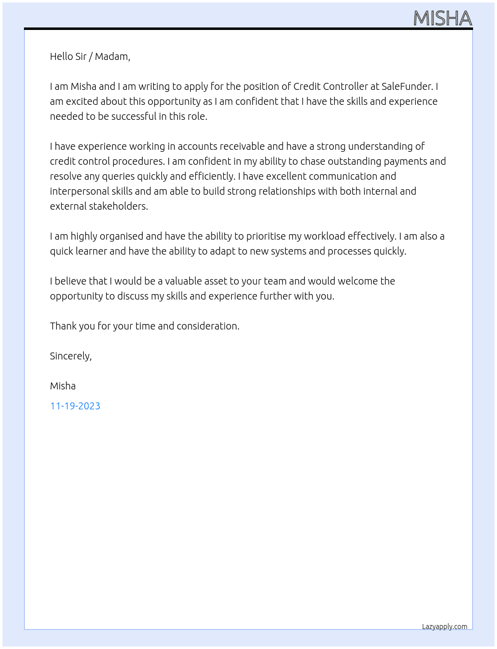 Credit Controller At SaleFunder Cover Letter