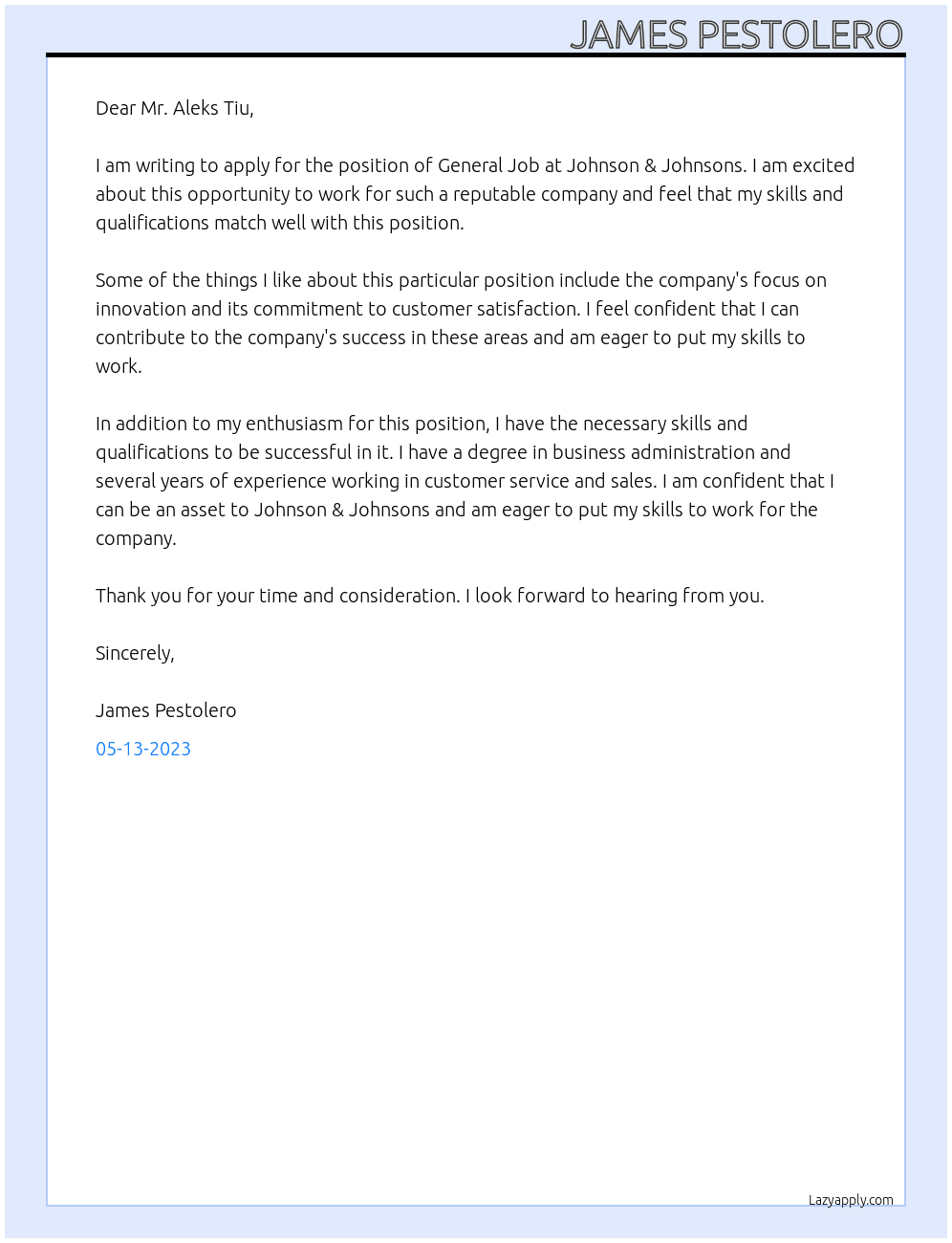 General Job At Johnson & Johnsons Cover Letter