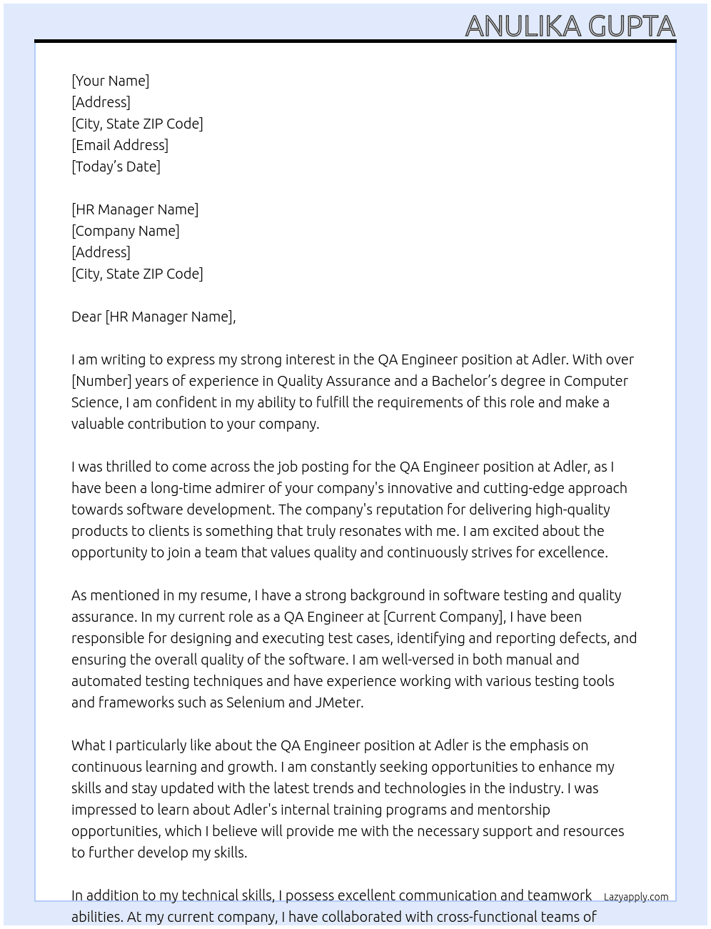 QA Engineer At Adler  Cover Letter