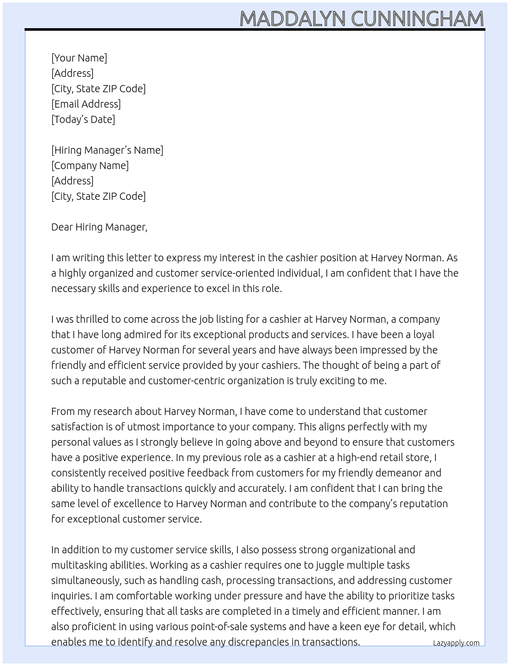 cashier  At Harvey Norman Cover Letter