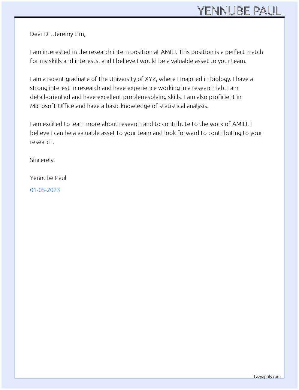 Research Intern At AMILI Cover Letter