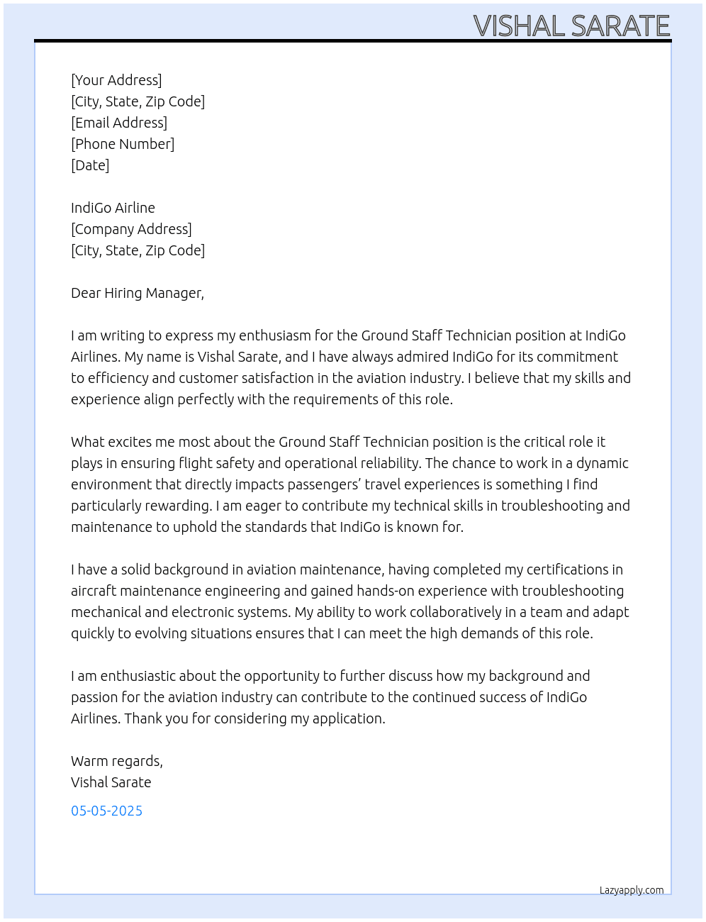 Cover letter for ground staff technician - LazyApply