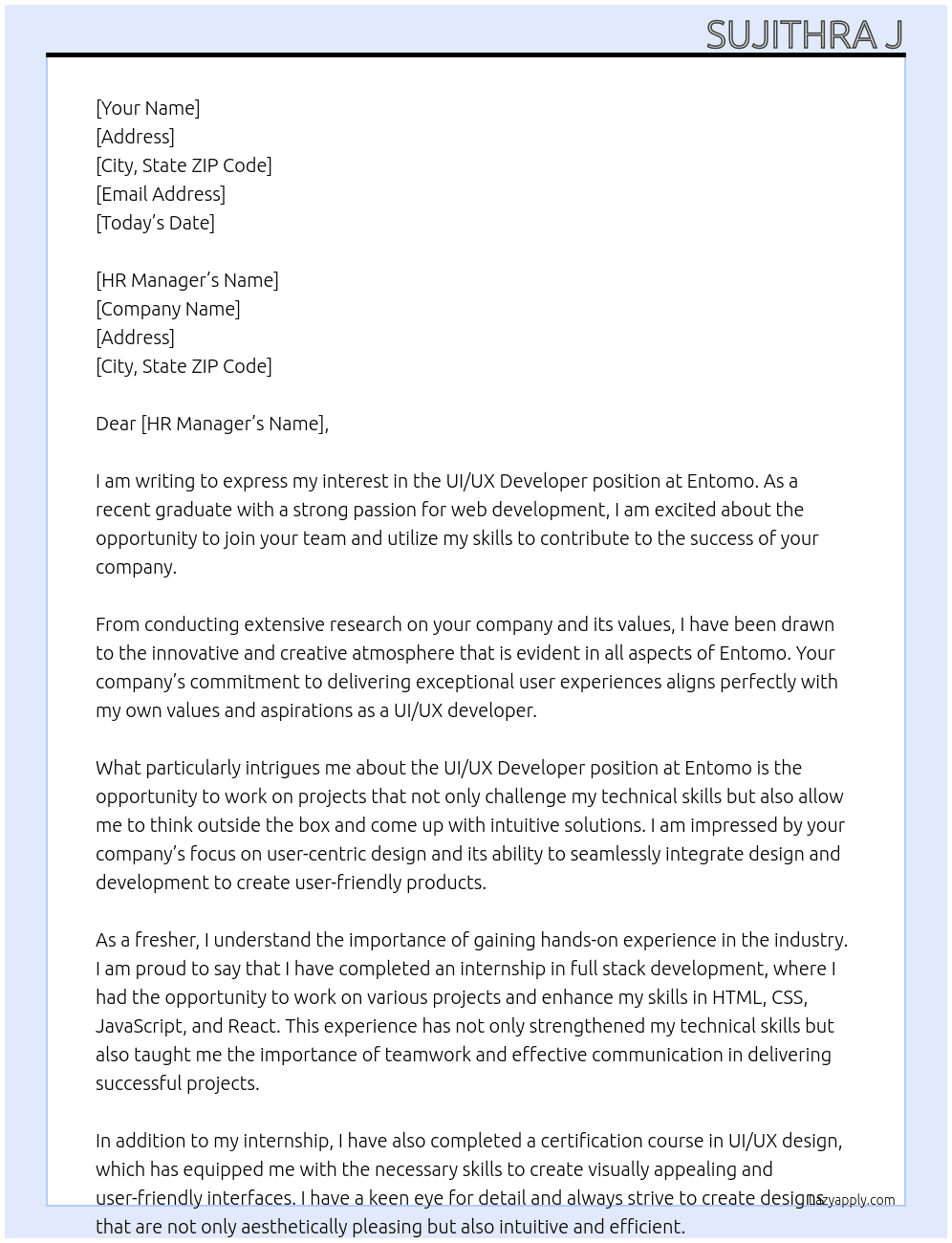 UI/UX developer At entomo Cover Letter