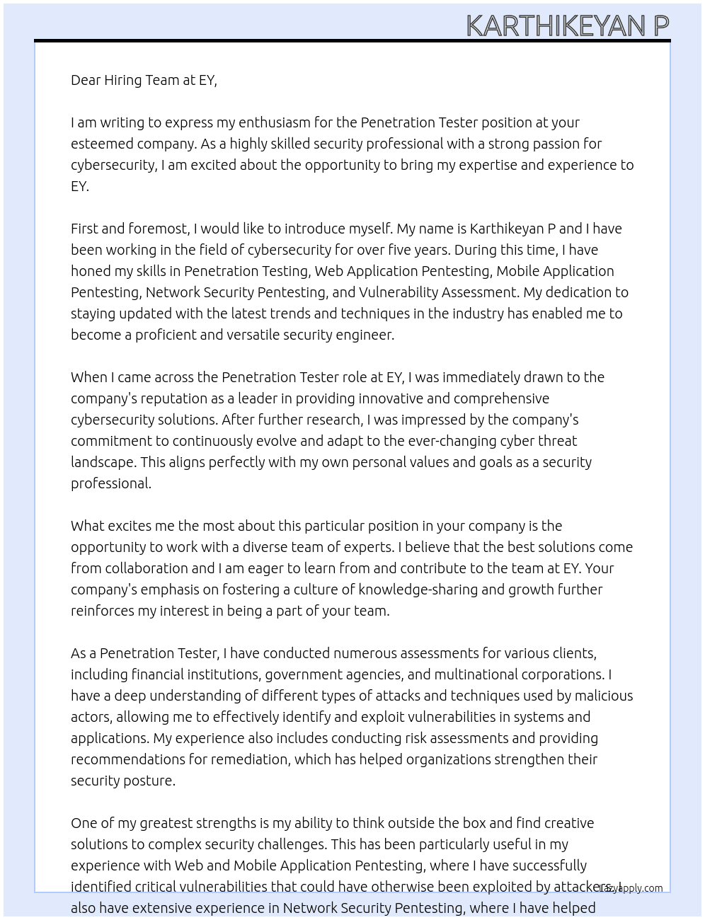 Penetration Tester At EY Cover Letter