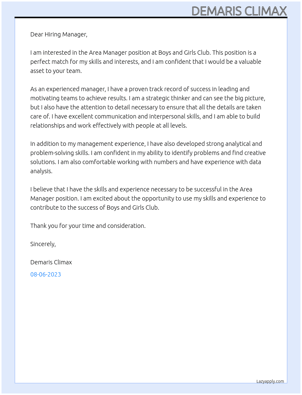 Area Manager At Boys and Girls Club Cover Letter