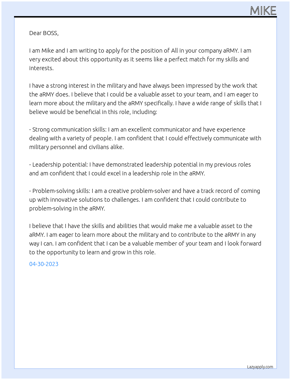 All At aRMY Cover Letter