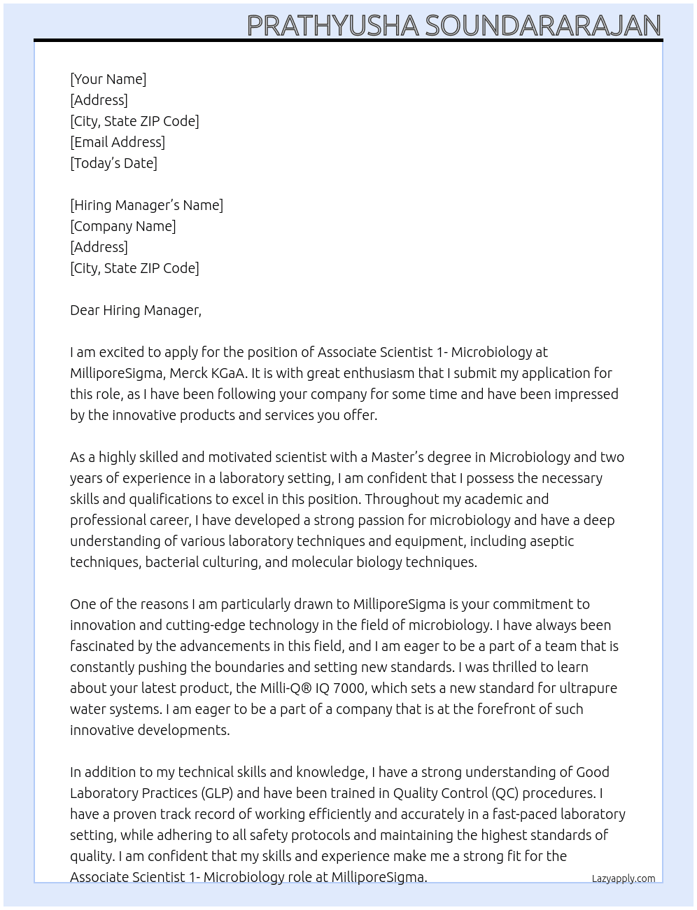Associate Scientist 1 - Microbiology At MilliporeSigma, Merck KGaA Cover Letter