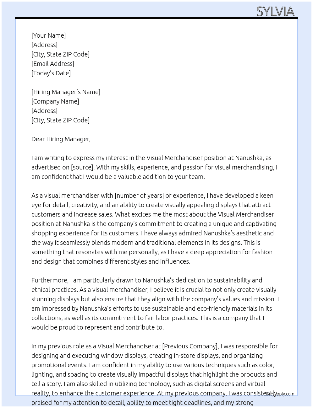 Visual Merchandiser At nanushka Cover Letter