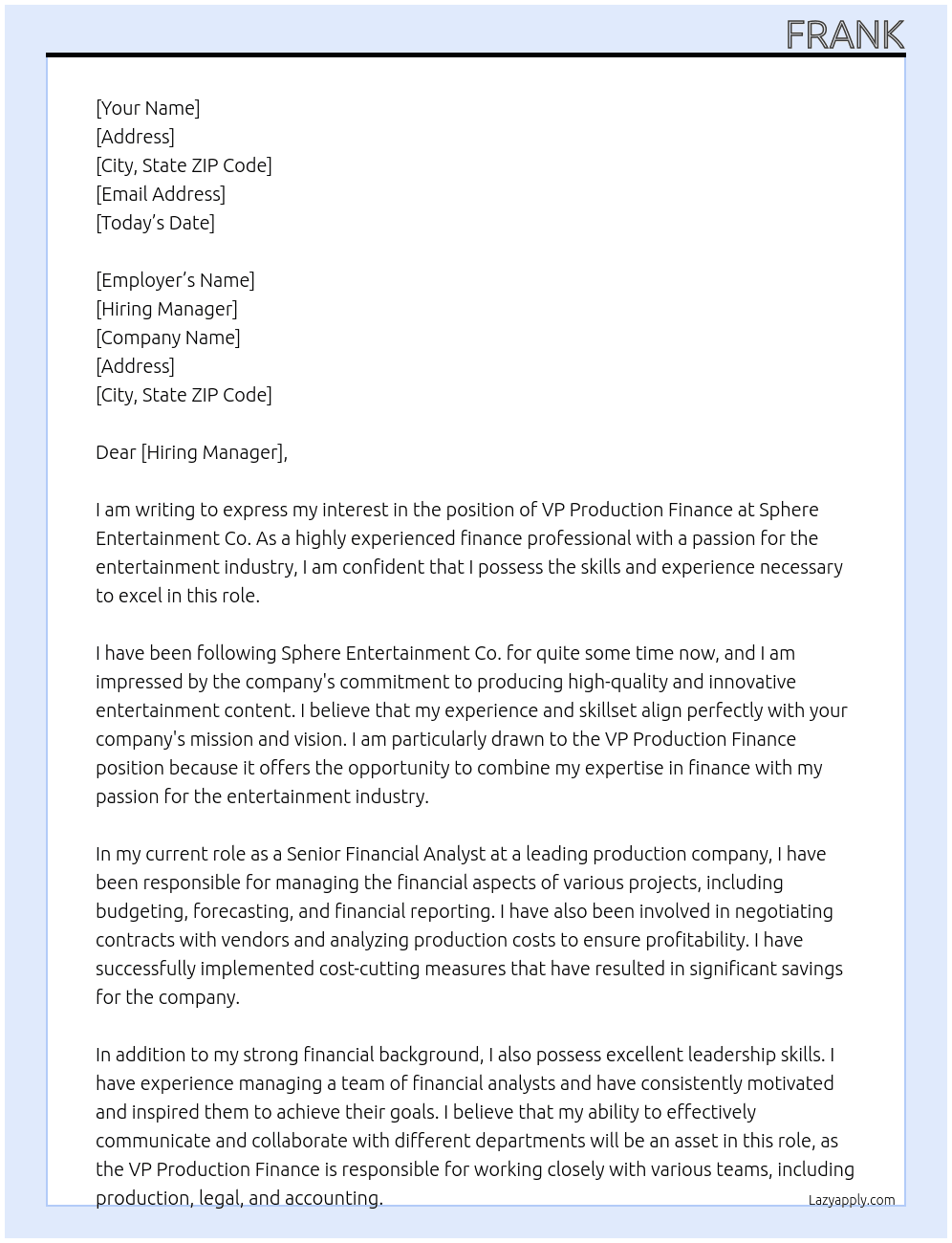 VP Production Finance At Sphere Entertainment Co. Cover Letter