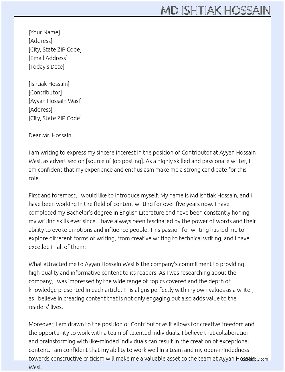 Contributor At Ayyan Hossain Wasi  Cover Letter
