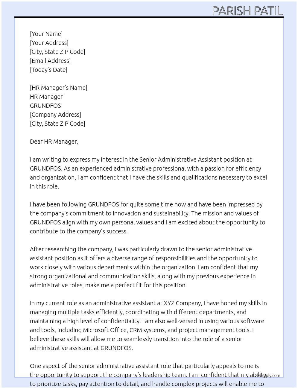 Senior Administrative Assistant  At GRUNDFOS Cover Letter