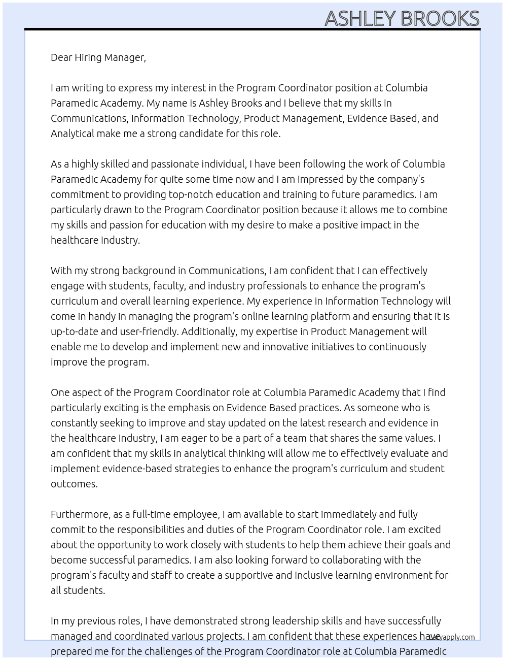 Program Coordinator At Columbia Paramedic Academy Cover Letter