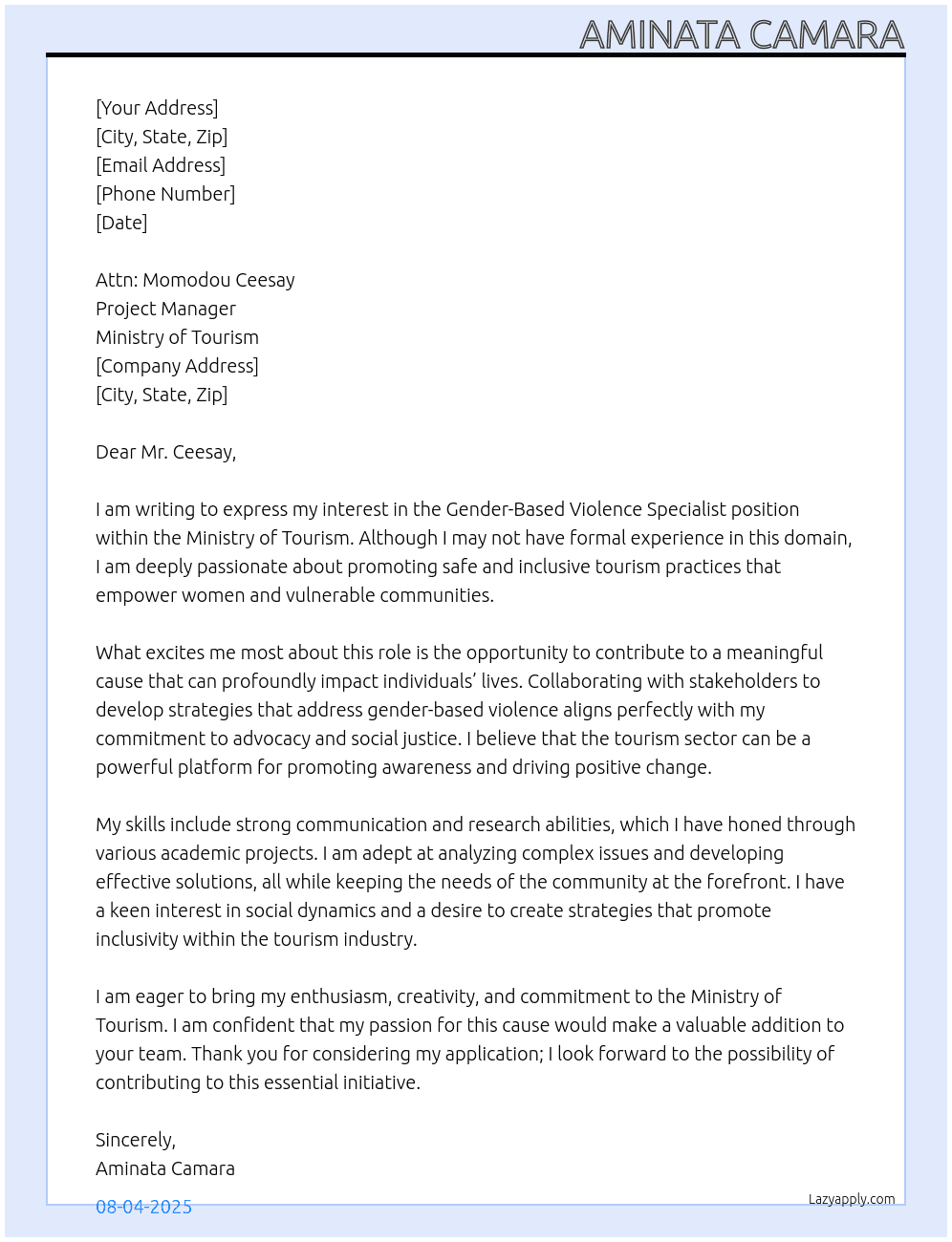 gender base violence specialist under the tourism sector  At ministry of tourism Cover Letter