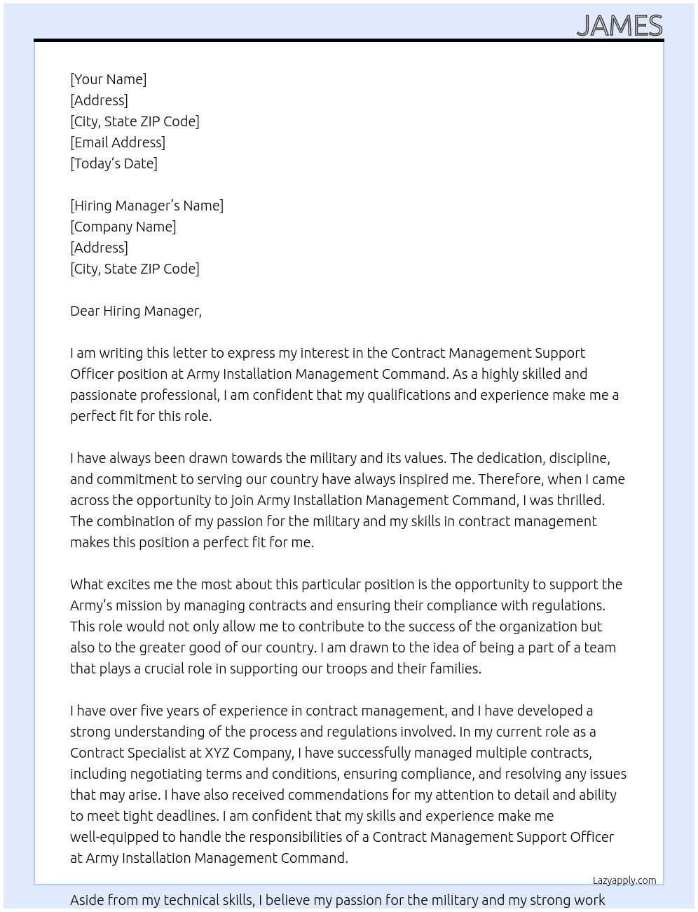 Contract Management Support Officer At Army Installation Mangement Command Cover Letter