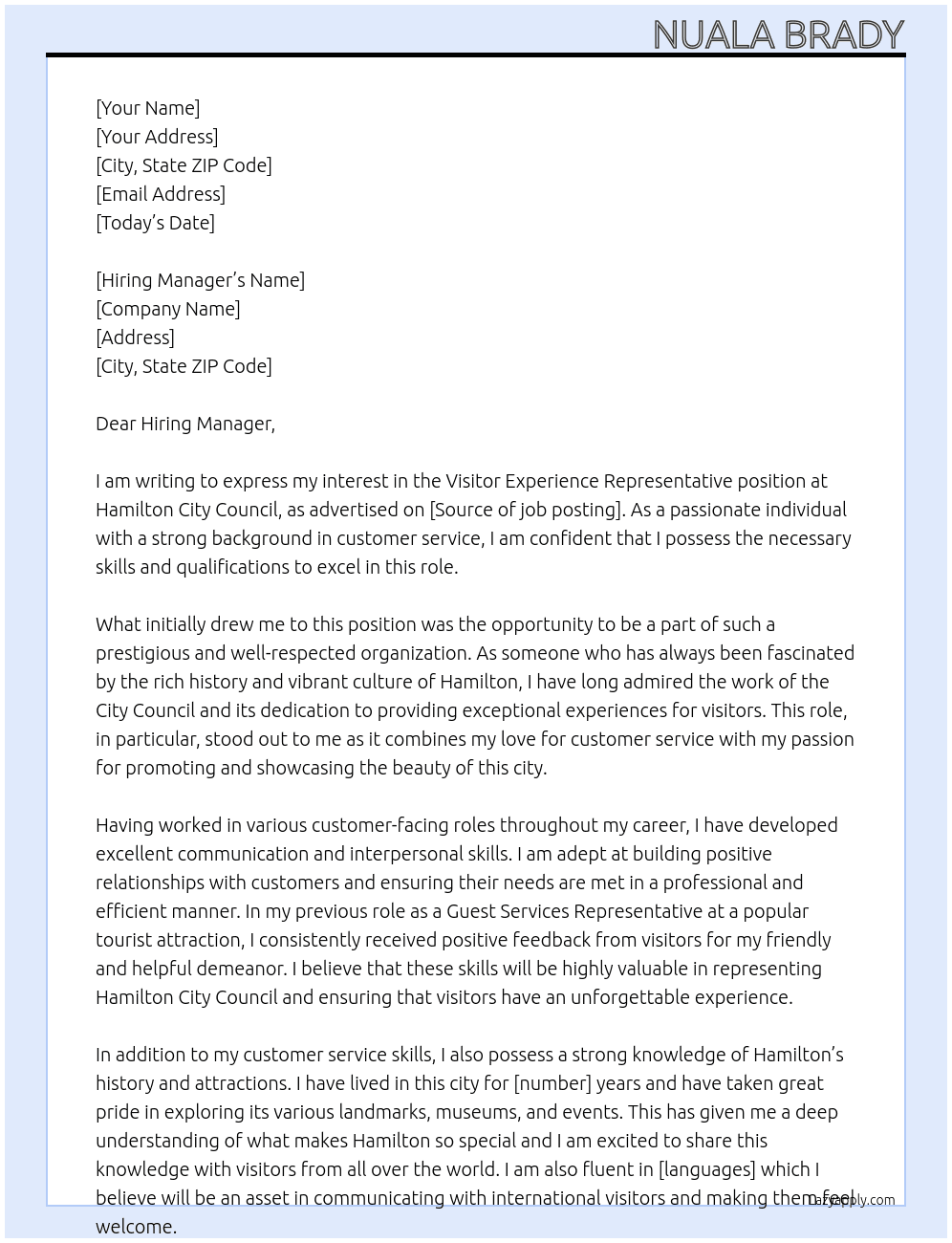 Visitor Experience Representative At Hamilton City Council Cover Letter