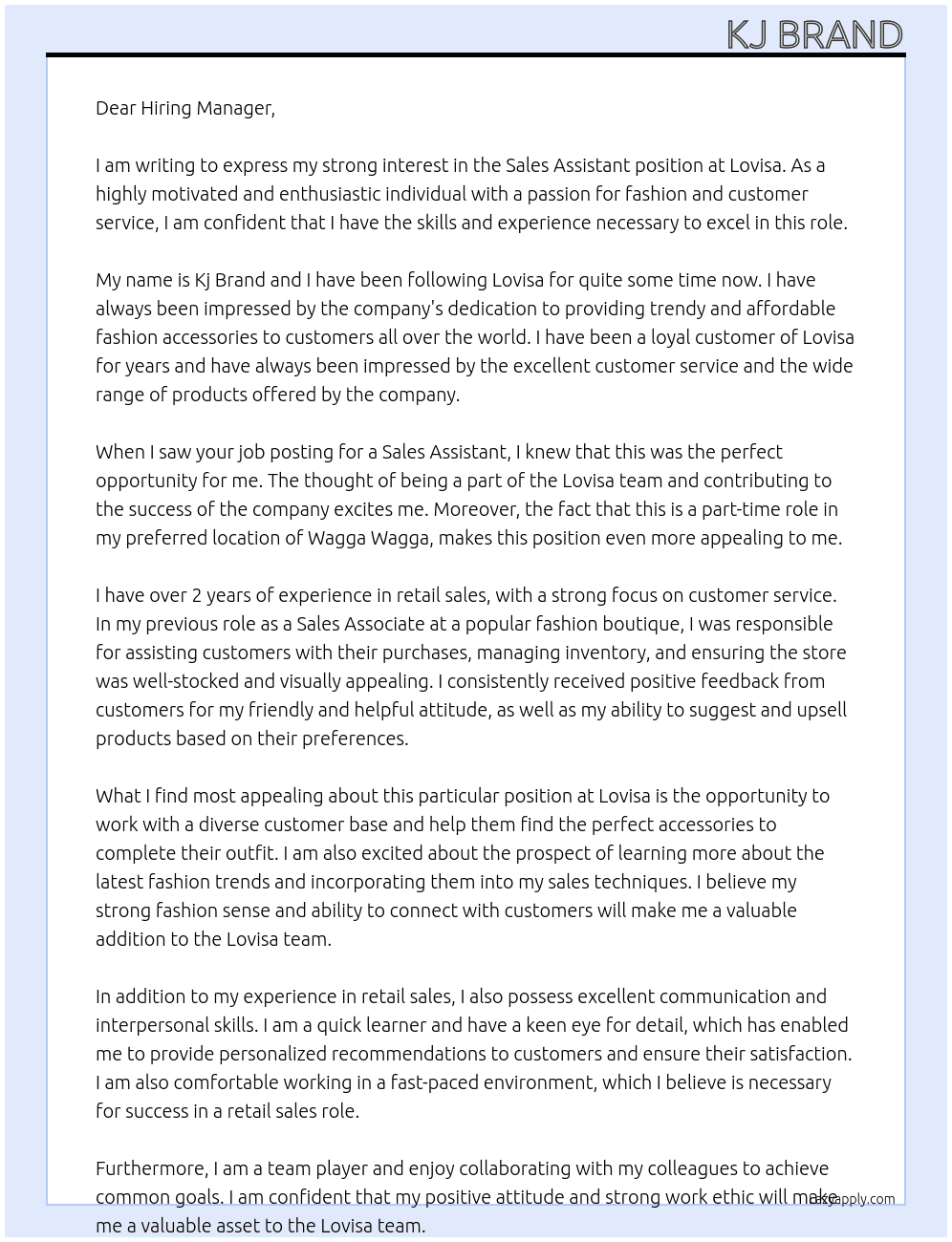 Sales assistant  At Lovisa Cover Letter