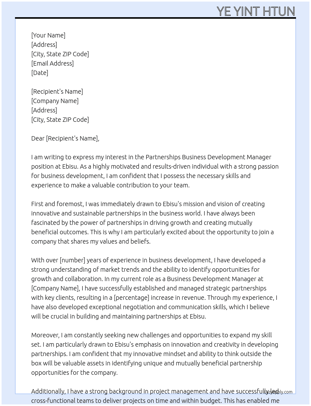 Partnerships Business Development Manager At Ebisu Cover Letter