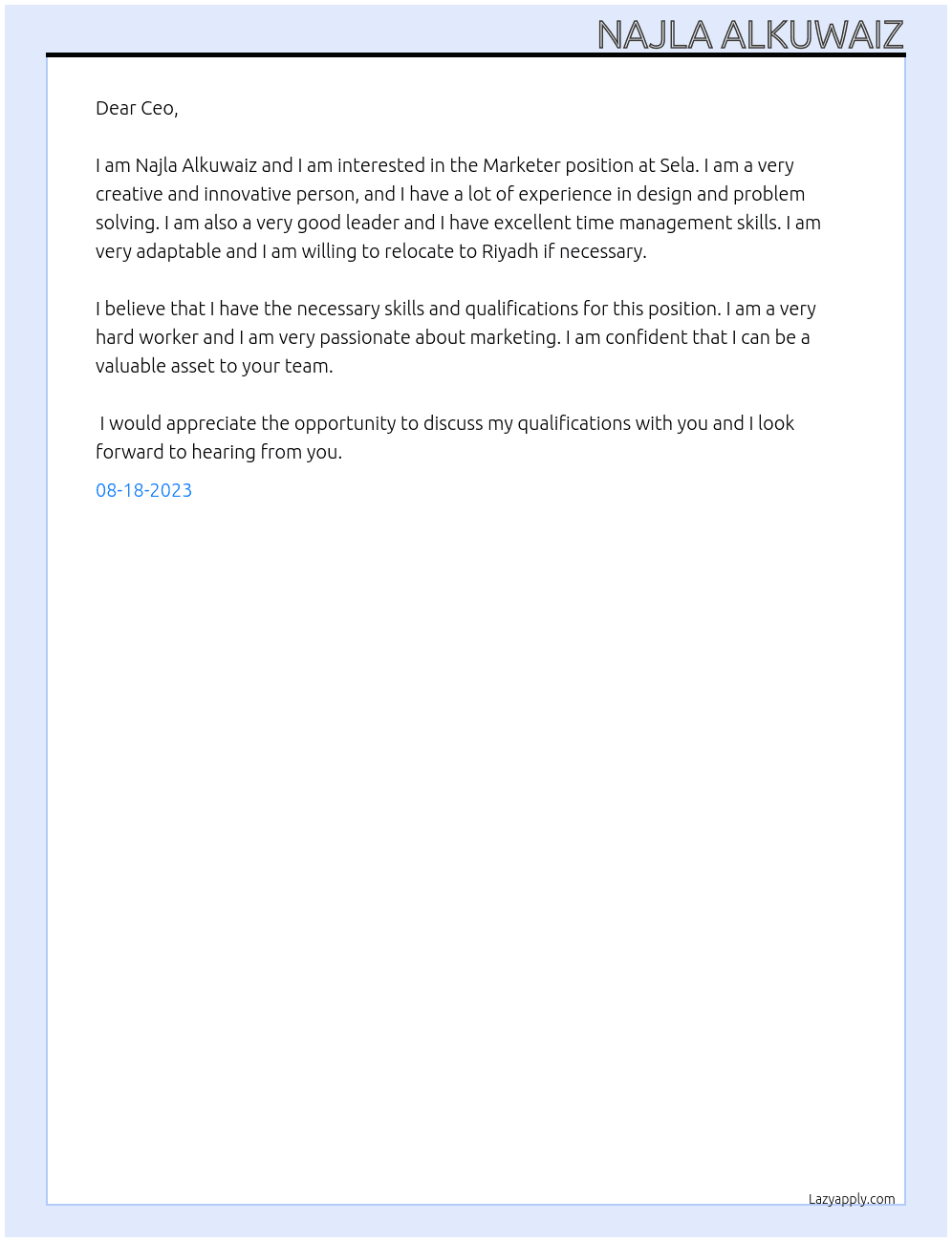 Marketer At Sela Cover Letter