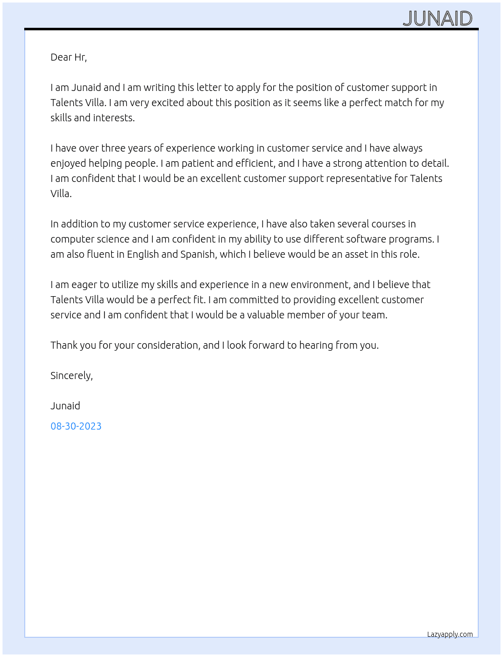 customer support At Talents Villa Cover Letter