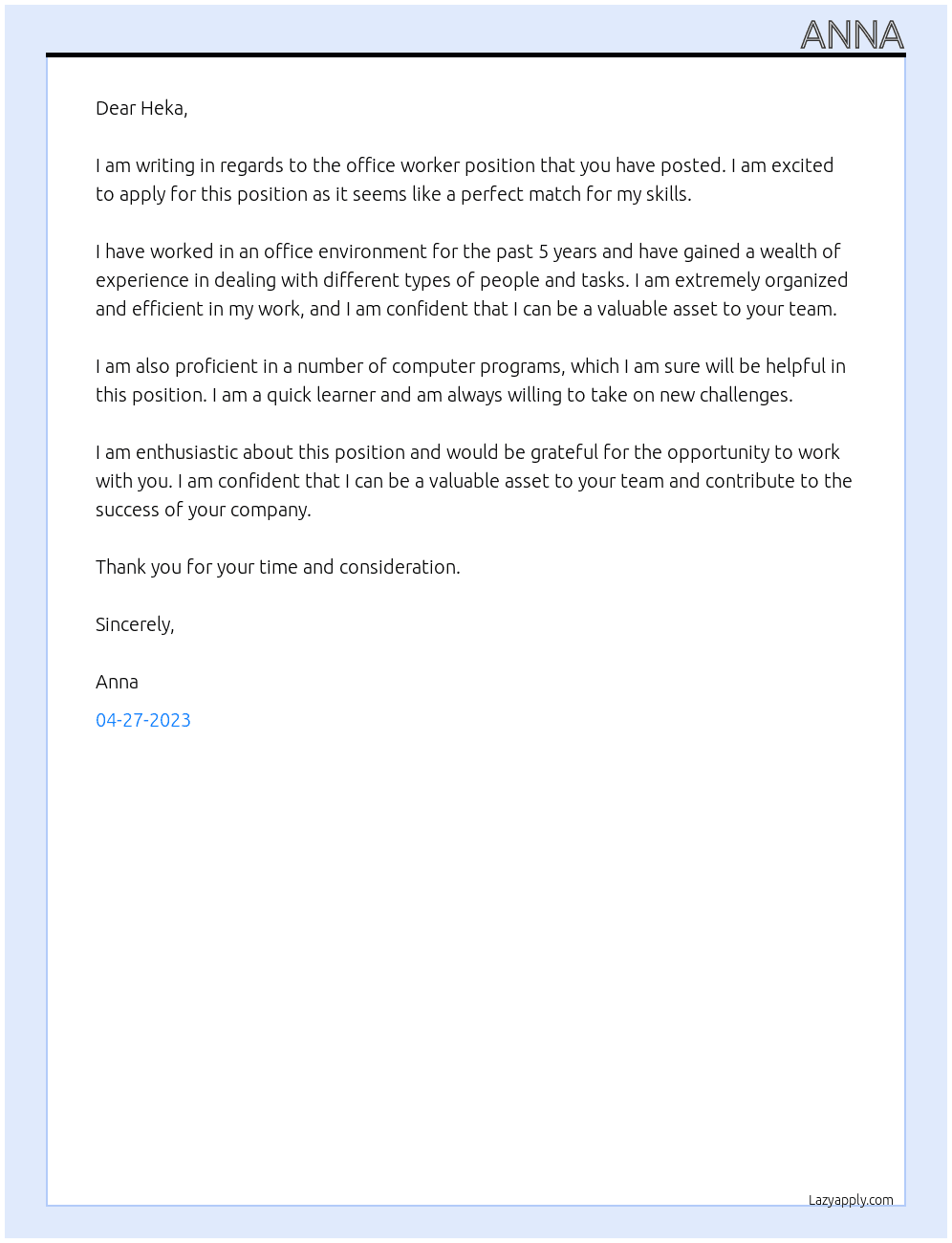 office worker At Heka summer job Cover Letter
