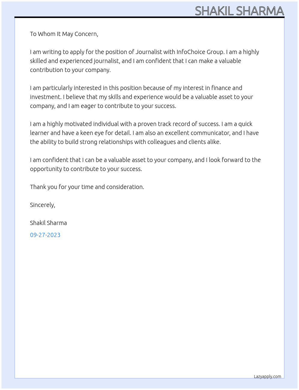 Journalist At InfoChoice Group Cover Letter